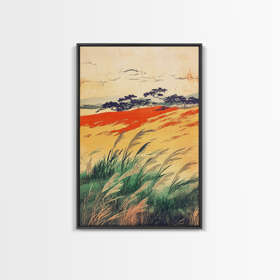 Golden Meadow Grasses And Coastal Hills Wall Art, Rustic Country Landscape Print, Farmhouse Decor, Warm Nature Canvas Print