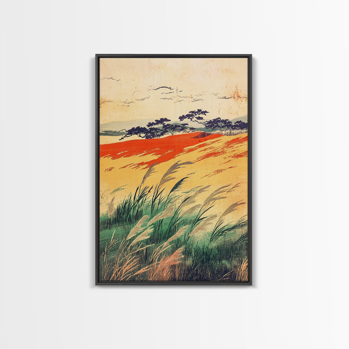 Golden Meadow Grasses And Coastal Hills Wall Art, Rustic Country Landscape Print, Farmhouse Decor, Warm Nature Canvas Print
