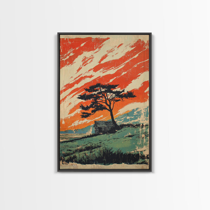 Lone Tree Cabin And Orange Mountain Sky Wall Art, Rustic Landscape Print, Western Home Decor, Statement Framed Canvas Print