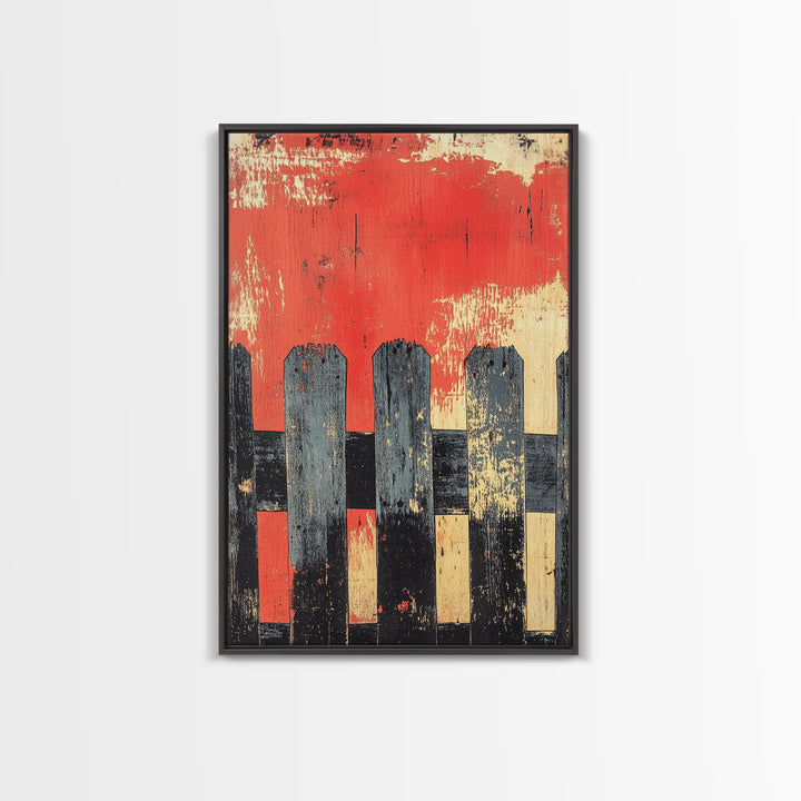 Black Picket Fence On Red Background Wall Art, Rustic Abstract Print, Farmhouse Wall Decor, Modern Canvas Print, Bold Home Decor