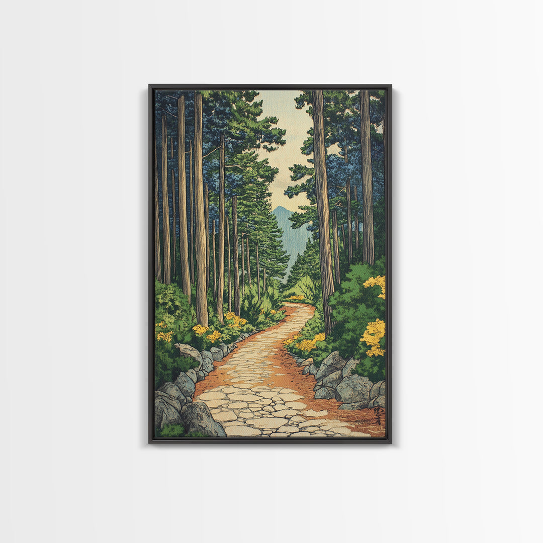 Pine Forest Path With Yellow Flowers Wall Art, Nature Landscape Print, Cabin Decor, Peaceful Framed Canvas Print, Living Room Decor