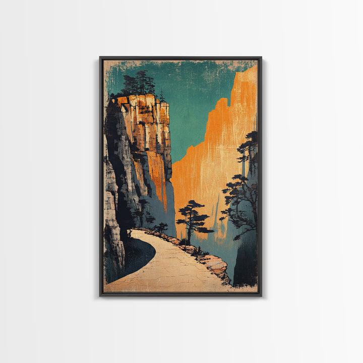 Golden Mountain Path Framed Canvas Print, Japanese Landscape Wall Art, Japandi Decor, Nature Wall Art, Entryway Wall Decor