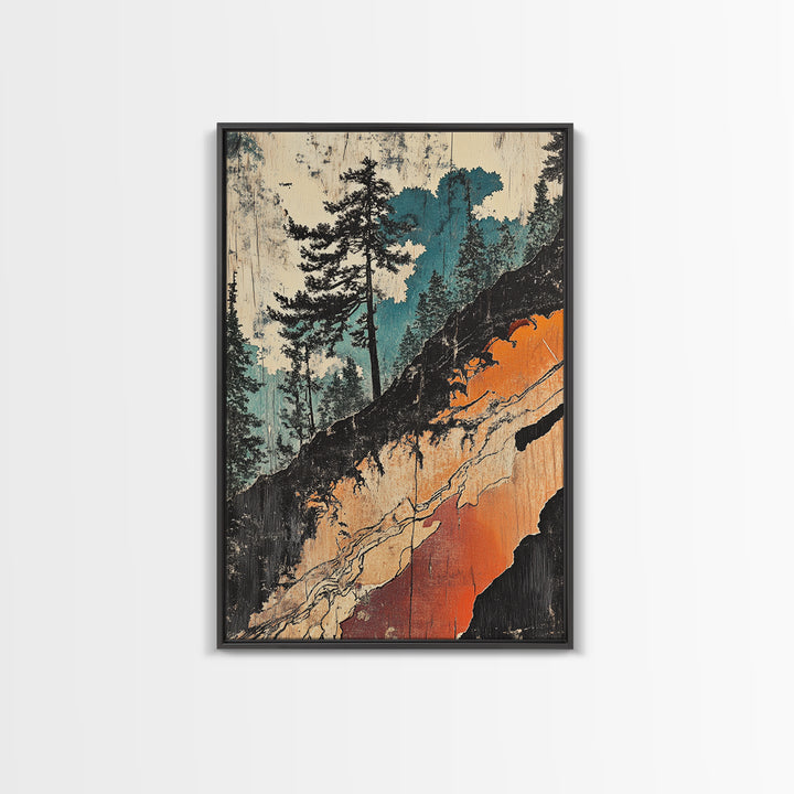 Teal Forest Cliff Abstract Landscape Wall Art, Japanese Woodblock Canvas Print, Rustic Nature Decor, Modern Living Room Decor