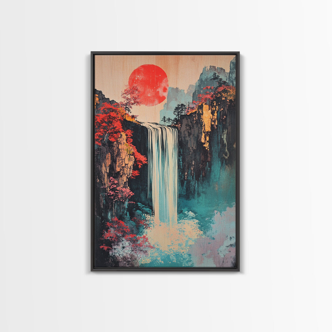 Red Sun Waterfall Mountain Landscape Wall Art, Japanese Woodblock Print Style, Teal Coastal Decor, Zen Living Room Art Print