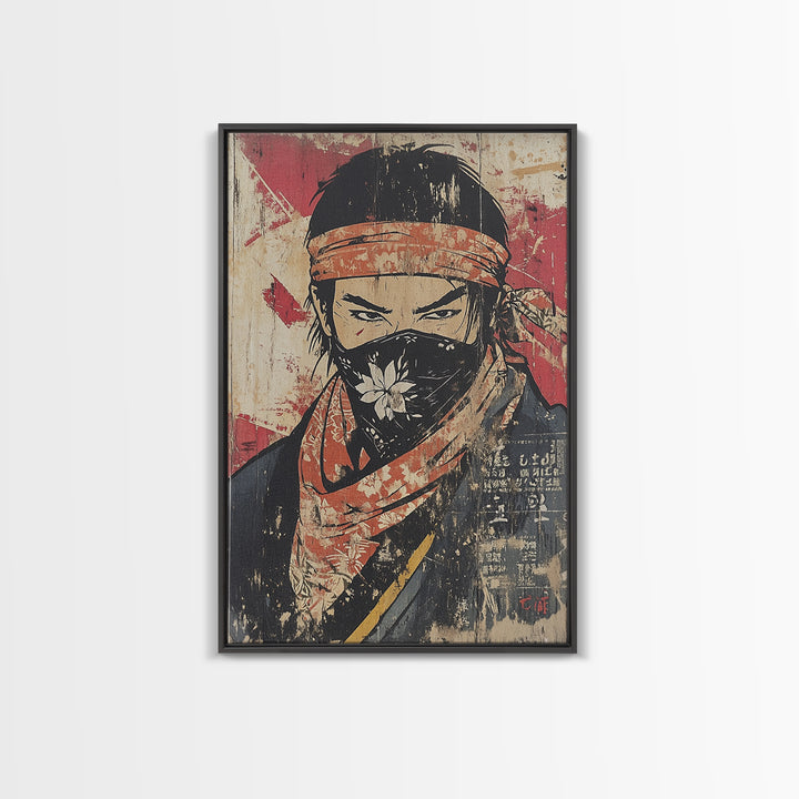 Masked Samurai Warrior Portrait Wall Art, Japanese Ink Style Canvas Print, Dark Academia Decor, Bold Asian Wall Decor, Gift For Him