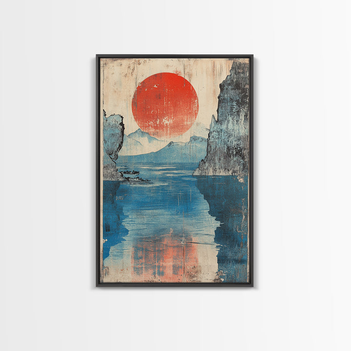 Red Sun Blue Mountain Lake Wall Art, Japanese Woodblock Style Canvas Print, Calm Coastal Landscape Decor For Living Room