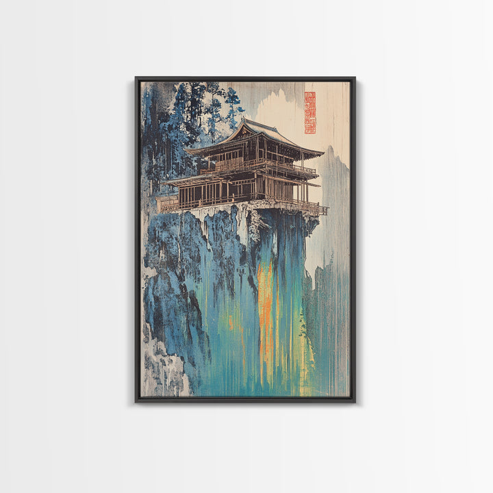 Cliffside Pagoda Temple Wall Art, Asian Mountain Landscape Canvas Print, Japandi Zen Decor, Statement Artwork For Home Decor