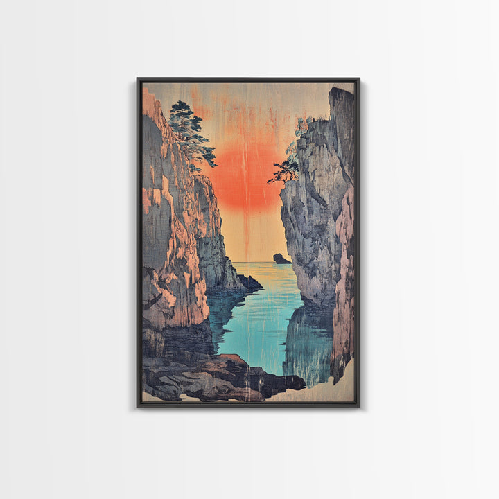 Sunset Sea Canyon Between Cliffs Framed Canvas Print, Japanese Wall Art, Coastal Landscape Poster, Ocean Decor Gift For Her