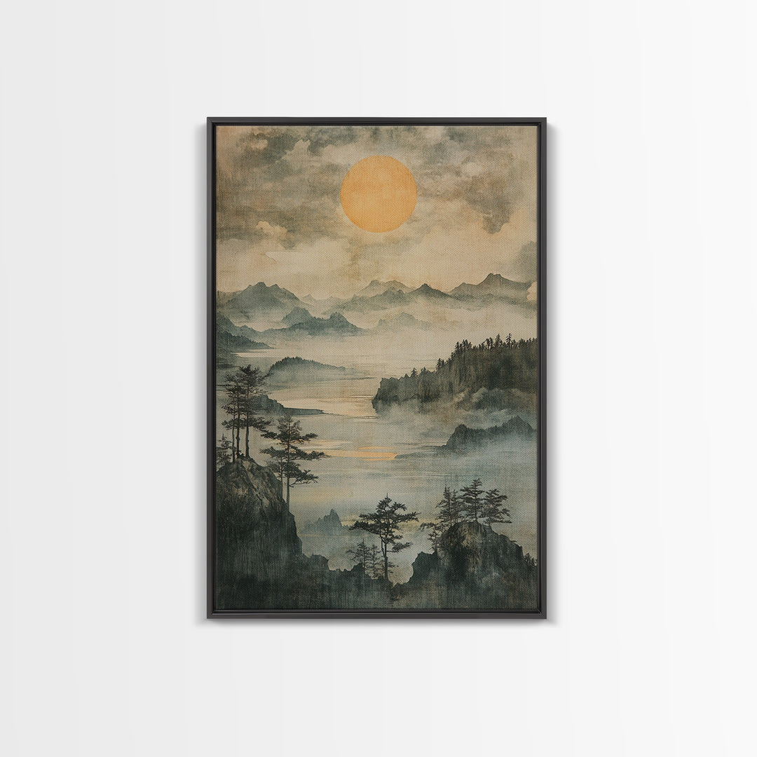 Misty Mountain Lake With Golden Sun Wall Art, Japanese Landscape Canvas Print, Serene Forest Decor, Japandi Home Decor Gift