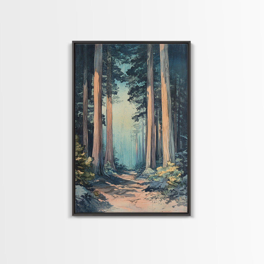 Misty Redwood Forest Path Wall Art, Tall Tree Nature Print, Moody Woodland Decor, Japandi Living Room Canvas Print For Entryway
