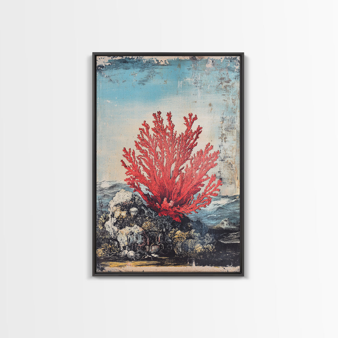 Red Sea Fan Coral On Rocks Wall Art, Coastal Ocean Botanical Print, Nautical Beach House Decor, Framed Canvas Print Gift