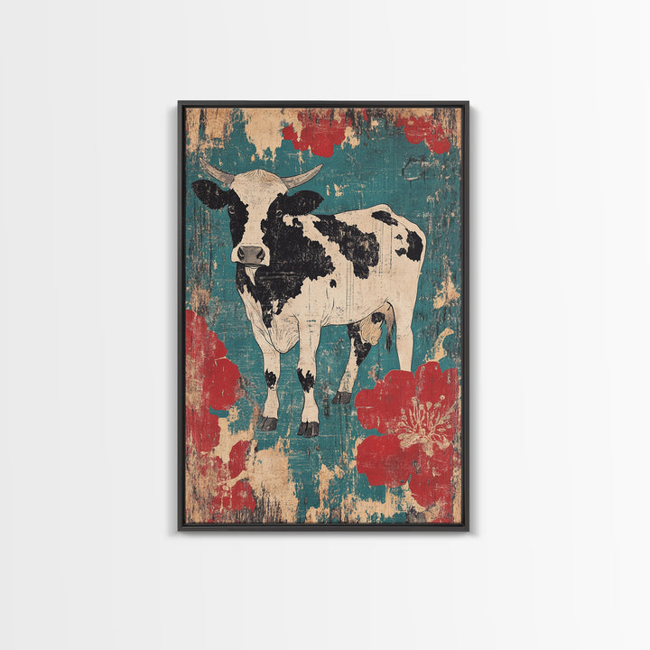 Black And White Cow Wall Art, Floral Farmhouse Canvas Print, Rustic Animal Decor, Teal Red Kitchen Living Room Art, Home Decor