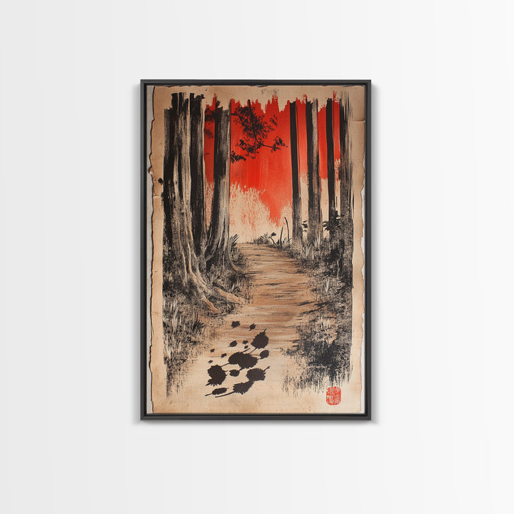 Red Sky Forest Path Wall Art, Japanese Landscape Canvas Print, Moody Woodland Decor, Nature Art For Cabin Or Office Decor