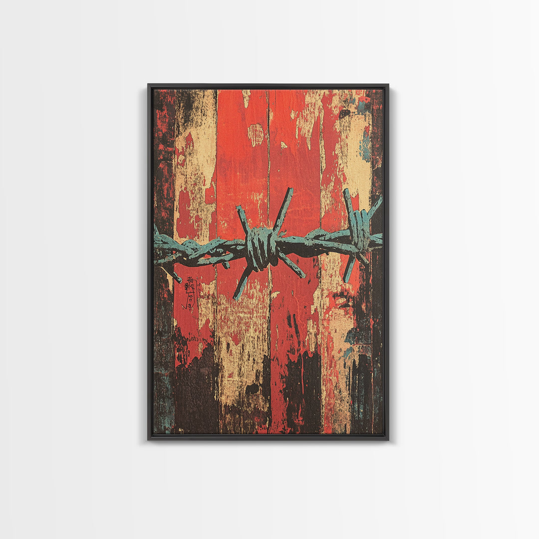 Barbed Wire Abstract Wall Art, Grunge Western Canvas Print, Red Teal Industrial Decor, Bold Rustic Statement Art For Office Decor