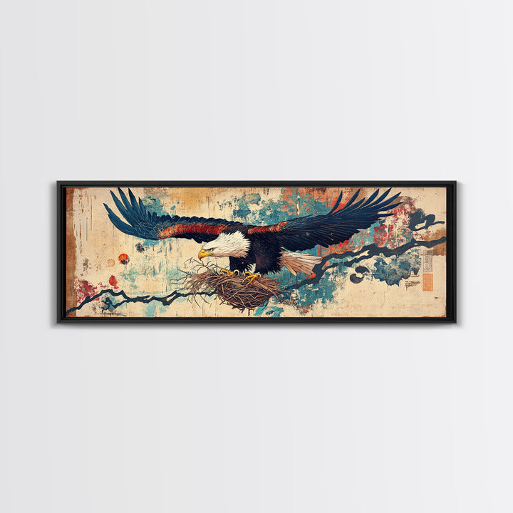 Soaring Eagle With Nest Japanese Inspired Wall Art, Panoramic Canvas Print, Asian Decor, Nature Wall Decor, Gift For Bird Lover
