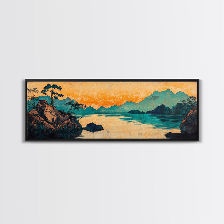 Teal Mountain Lake Japanese Landscape Wall Art, Panoramic Canvas Print, Asian Inspired Decor, Serene Living Room Decor, Housewarming Gift