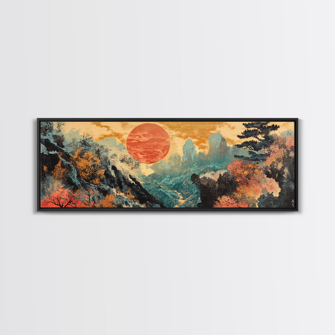 Red Sun Autumn Mountains Japanese Wall Art, Framed Canvas Print, Panoramic Landscape, Japandi Decor, Large Living Room Art