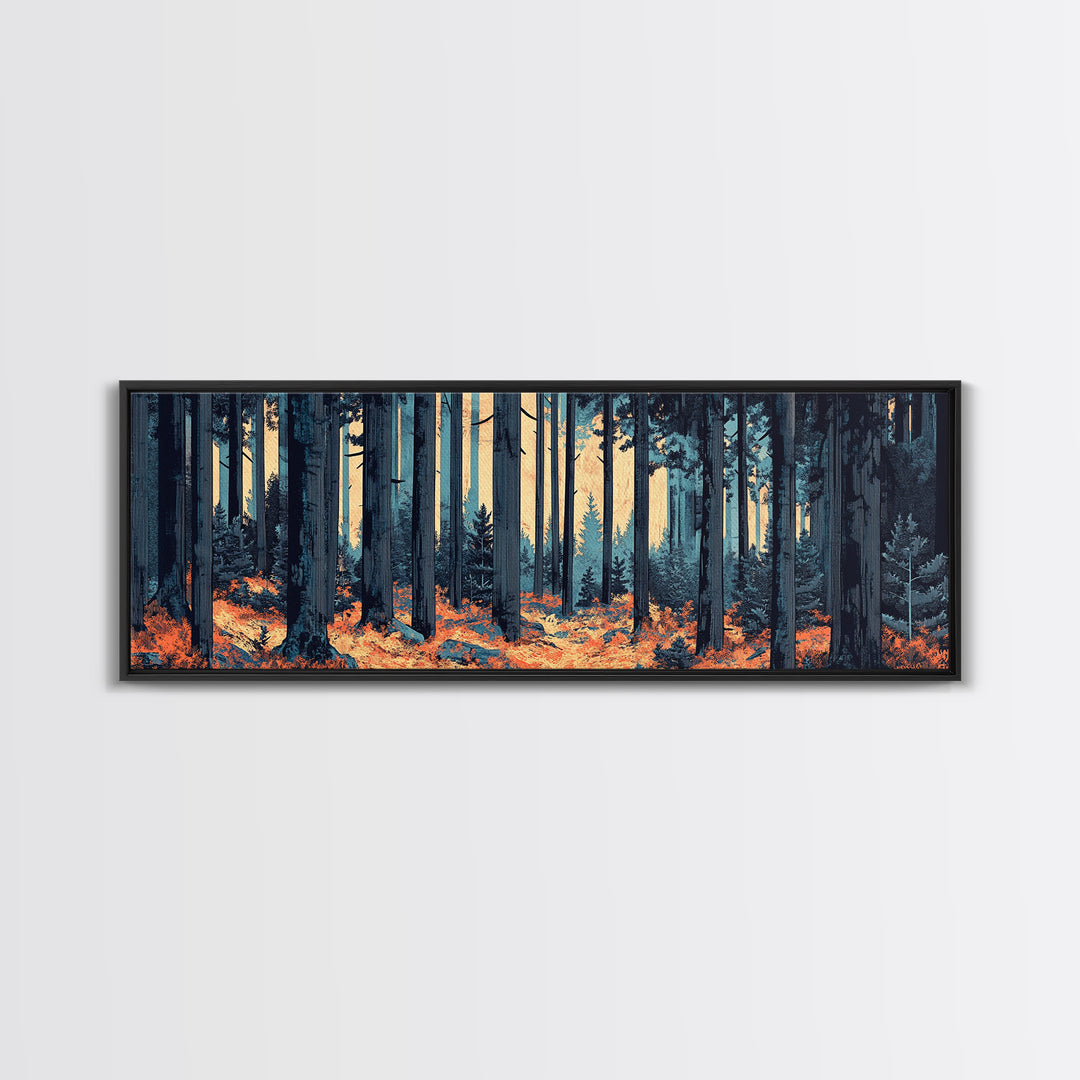 Blue Pine Forest With Orange Leaves Wall Art, Long Horizontal Canvas Print, Woodland Nature Decor, Moody Living Room Art