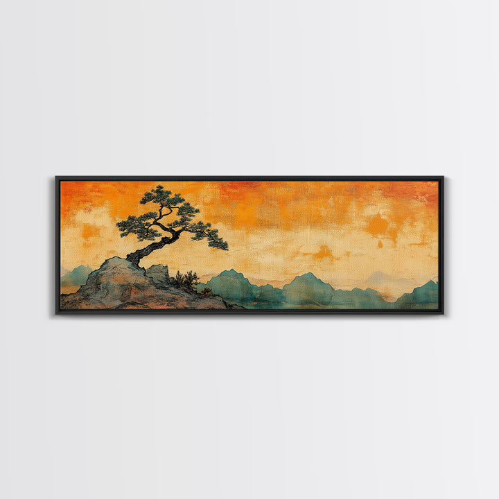 Lone Windblown Pine Orange Mountain Wall Art, Panoramic Canvas Print, Japandi Landscape Decor, Asian Inspired Home Decor