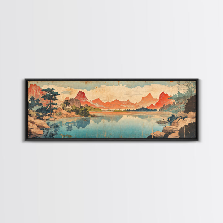 Red Peaks Reflecting In Lake Landscape Wall Art, Wide Horizontal Canvas Print, Japanese Inspired Decor, Large Living Room Art