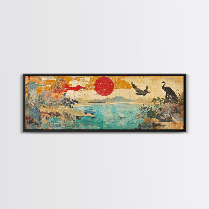 Red Sun Coastal Crane And Deer Wall Art, Panoramic Canvas Print, Japanese Landscape, Bird Wildlife Decor For Living Room