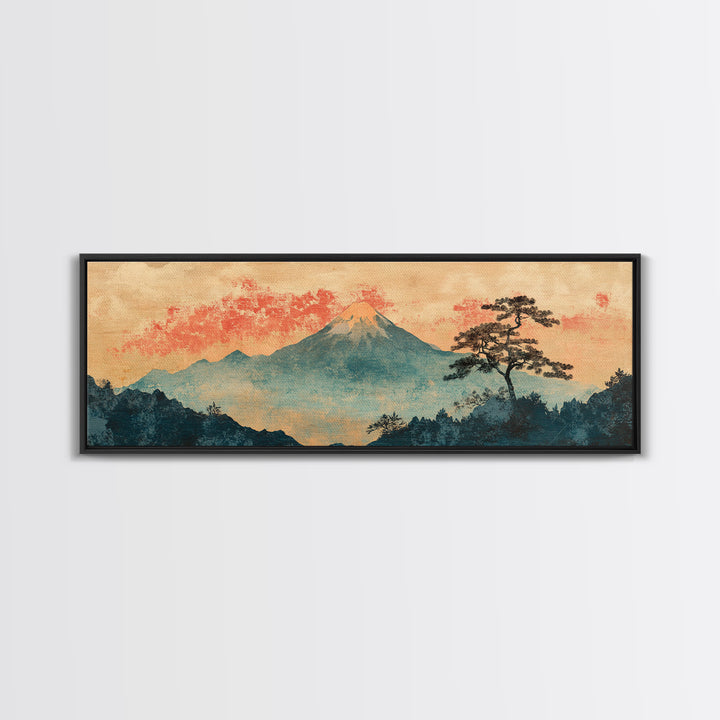 Misty Mount Fuji Pine Tree Wall Art, Long Horizontal Canvas Print, Japanese Landscape, Serene Japandi Nature Living Room Decor