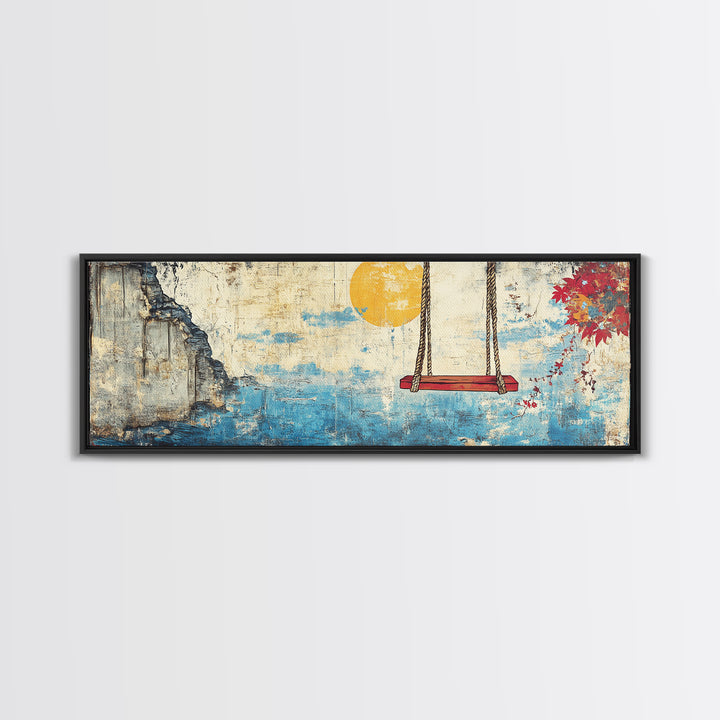 Ocean Cliff Swing Yellow Moon Wall Art, Long Horizontal Canvas Print, Coastal Blue Seascape, Japanese Minimalist Bedroom Decor