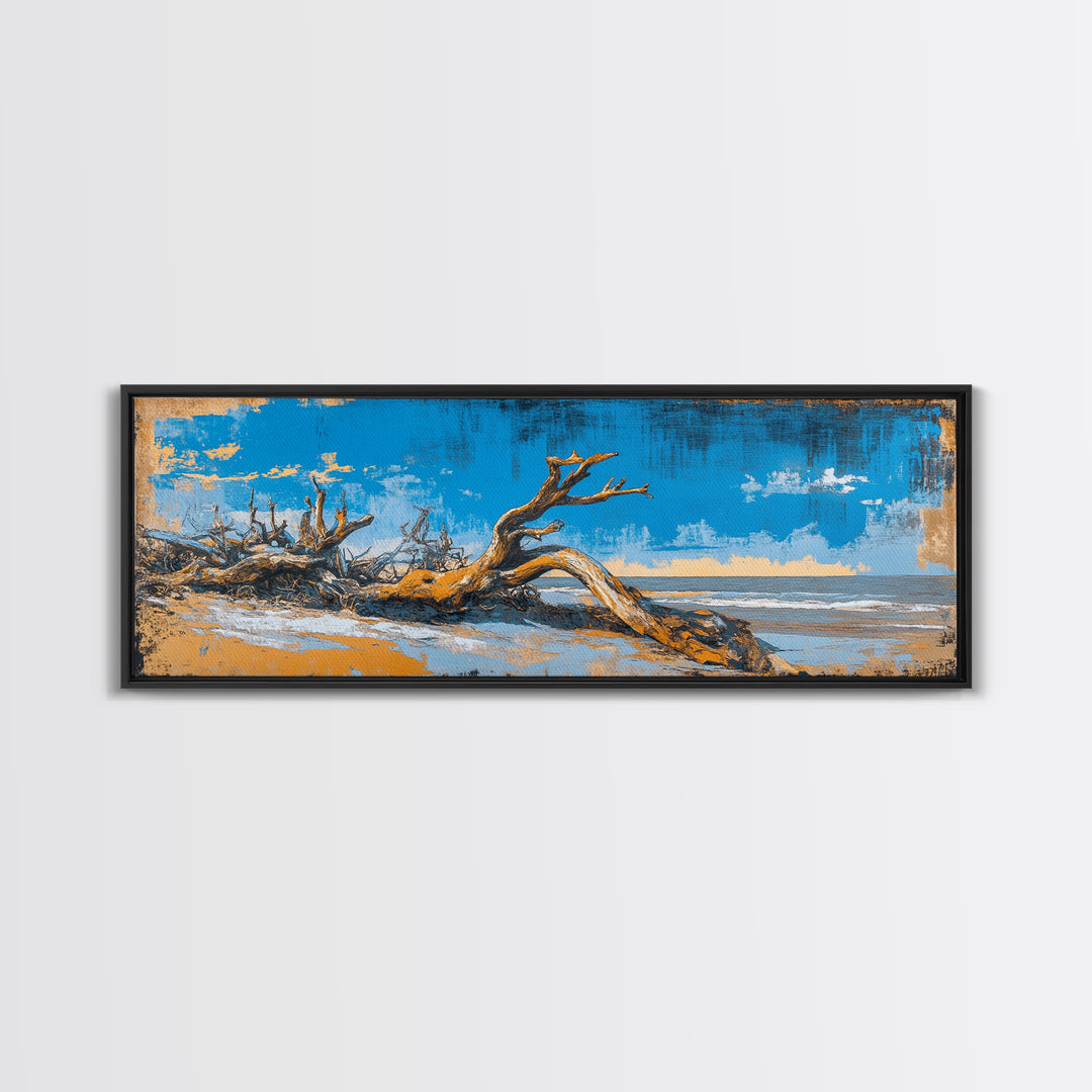 Driftwood Beach And Blue Sky Canvas Print, Coastal Wall Art, Nautical Landscape Decor, Large Horizontal Print For Beach House