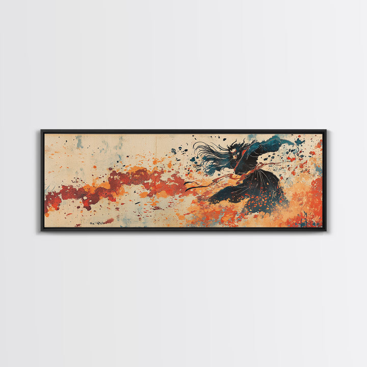 Flowing Black Dancer Abstract Wall Art, Feminine Figure Print, Orange Motion Decor, Contemporary Canvas For Bedroom Or Living Room