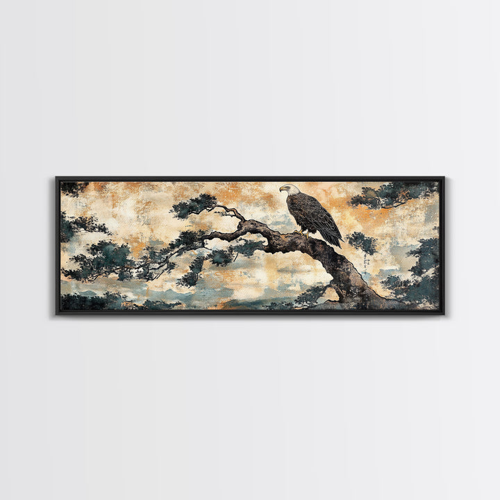Eagle Pine Branch Wall Art, Japanese Bird Print, Panoramic Wildlife Canvas, Nature Inspired Decor, Office Living Room Art