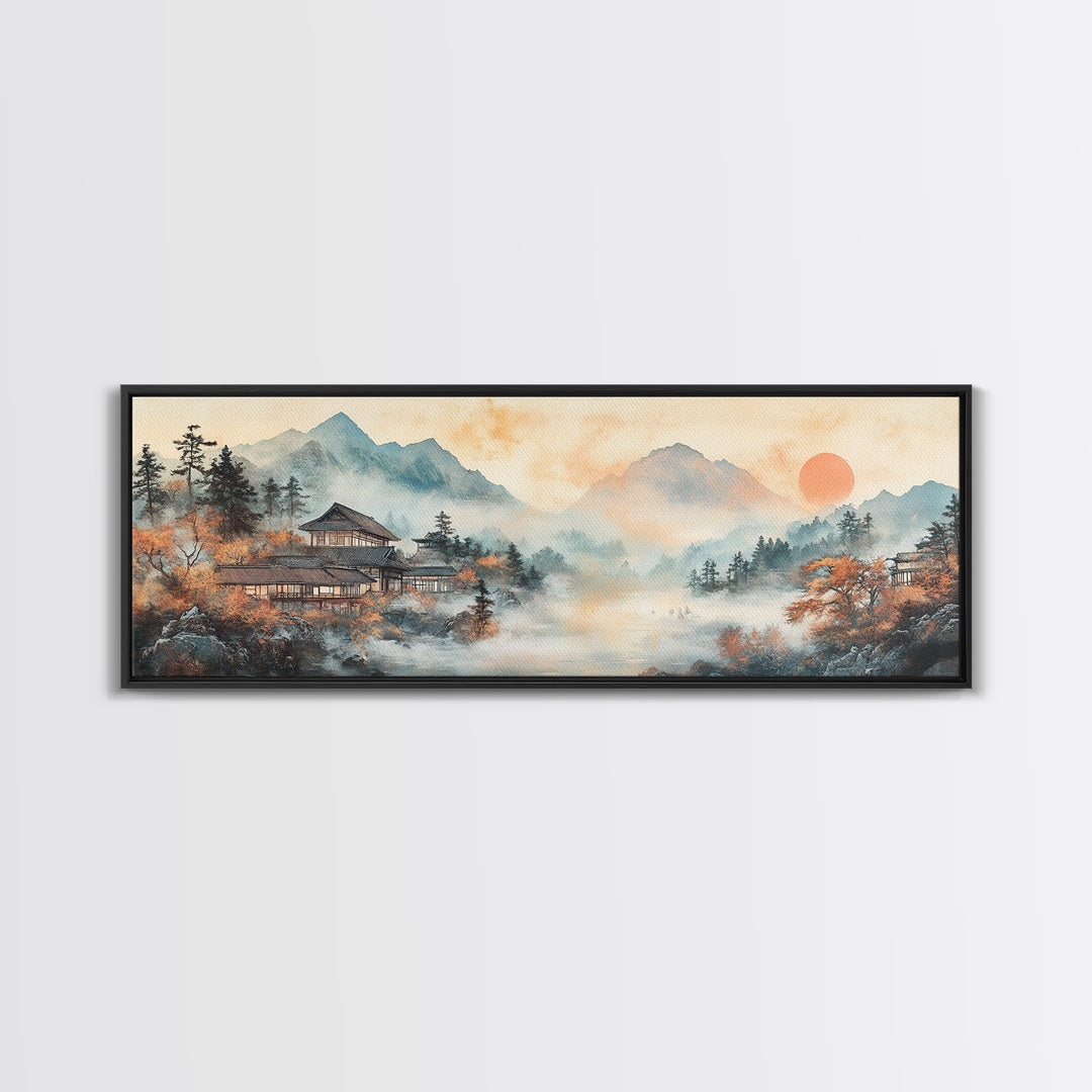 Misty Mountain Temple Framed Canvas Print, Japanese Landscape Art, Zen Lake Wall Decor, Panoramic Living Room Decor Gift