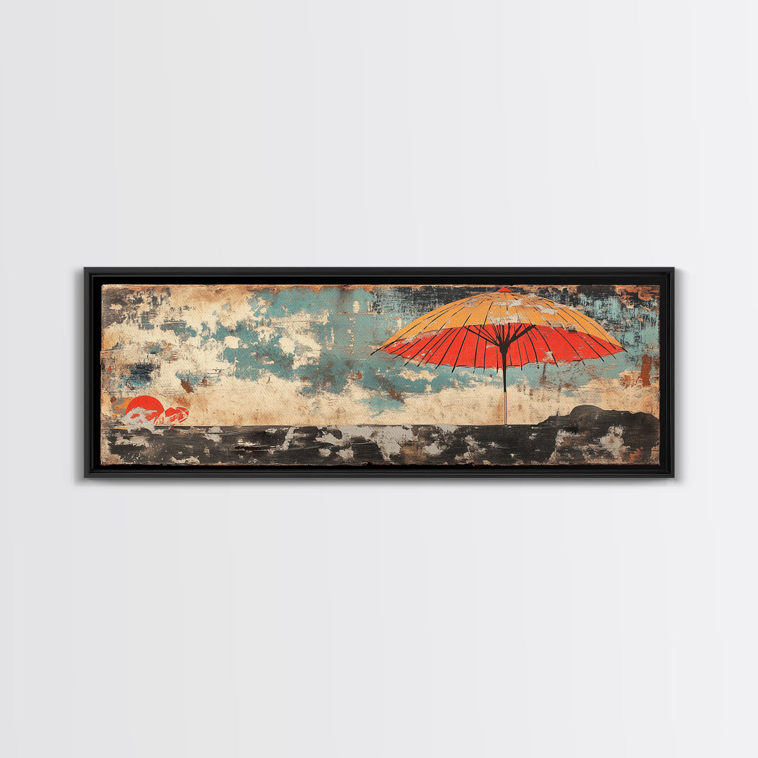 Red Umbrella Seascape Wall Art, Japanese Coastal Print, Minimalist Canvas, Beach House Decor, Asian Living Room Decor Gift