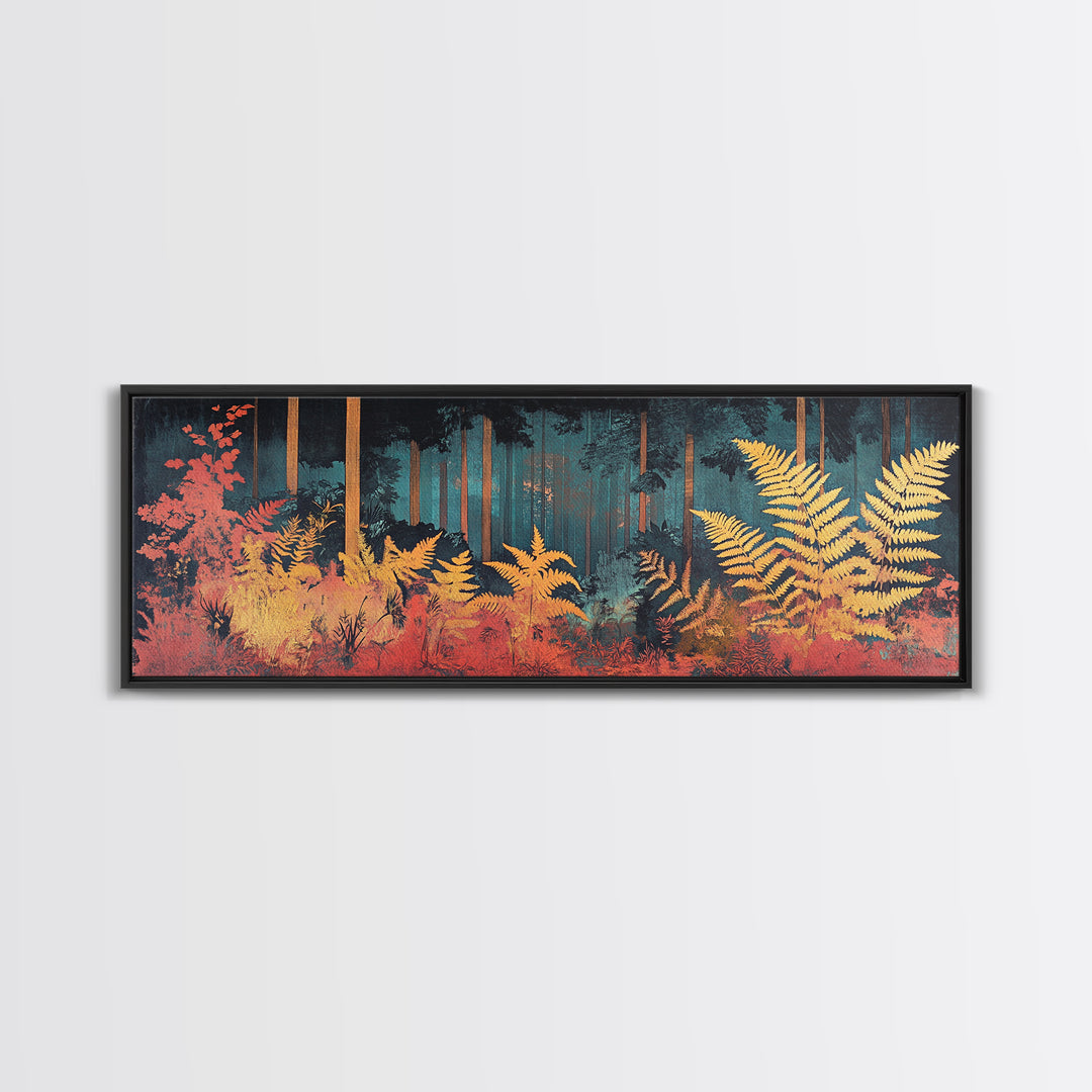 Golden Fern Forest Framed Canvas Print, Japanese Botanical Wall Art, Moody Nature Decor, Panoramic Living Room Artwork Gift
