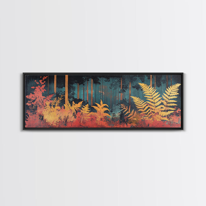 Golden Fern Forest Framed Canvas Print, Japanese Botanical Wall Art, Moody Nature Decor, Panoramic Living Room Artwork Gift