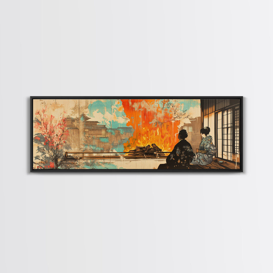Japanese Tea House Fire Garden Wall Art, Cherry Blossom Pagoda Canvas, Japandi Decor, Asian Landscape, Living Room Art Print