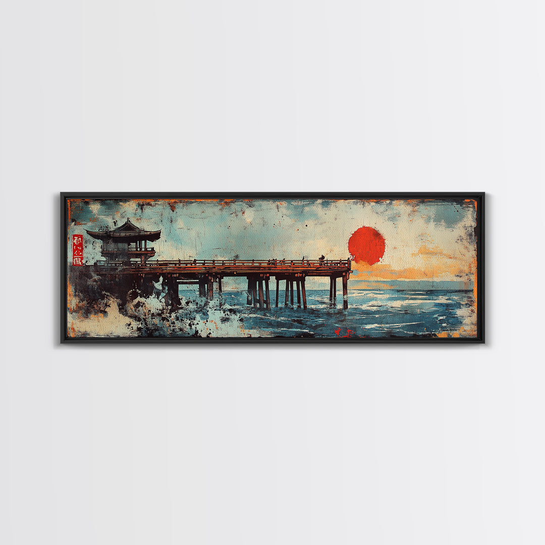 Japanese Pier Red Sun Wall Art, Ocean Waves Canvas Print, Asian Coastal Decor, Pagoda Seascape, Living Room Wall Art Print