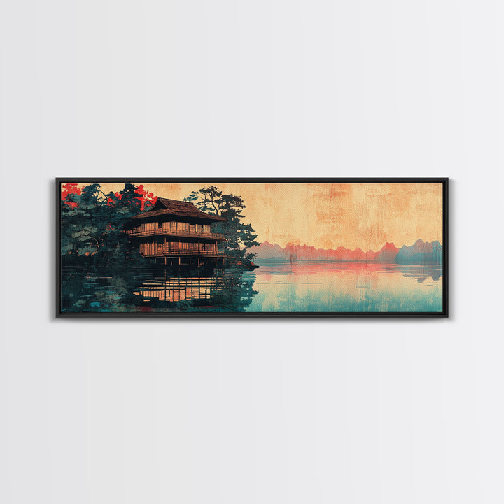Japanese Pagoda On Misty Lake Wall Art, Panoramic Landscape Print, Asian Inspired Decor, Zen Living Room Wall Decor, Home Decor