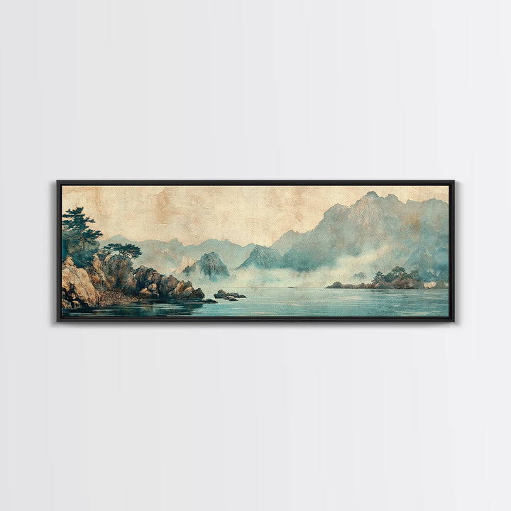 Misty Blue Mountain Lake Wall Art, Japanese Landscape Print, Zen Nature Decor, Panoramic Living Room Wall Decor, Calming Home Decor