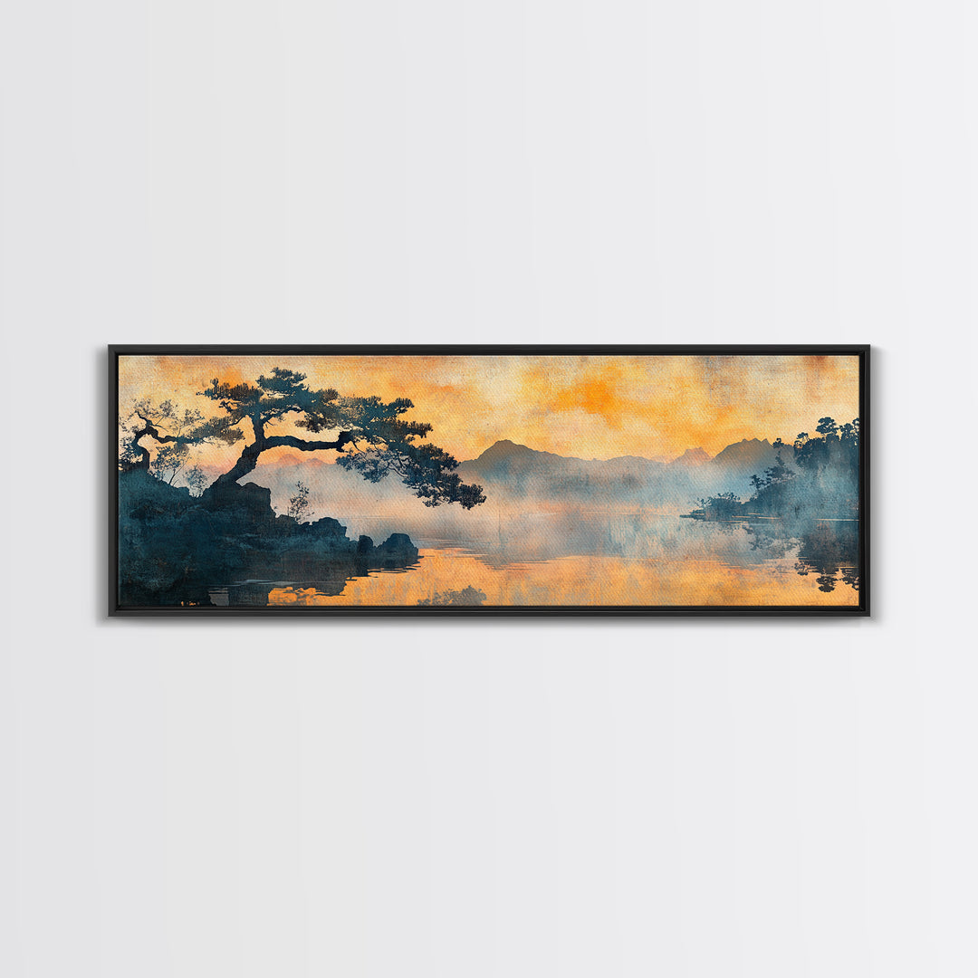 Orange Sunset Pine Lake Canvas Print, Japanese Landscape Wall Art, Moody Nature Decor, Zen Living Room Wall Decor, Warm Home Decor