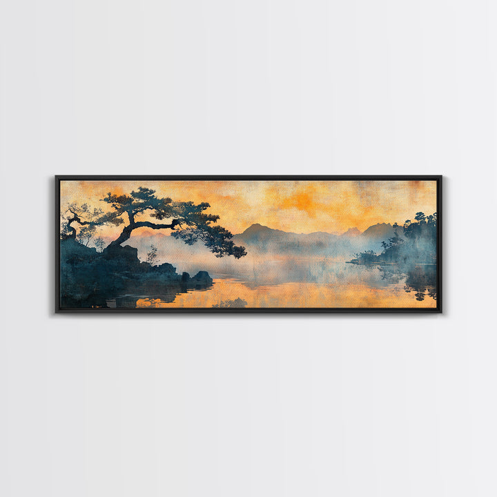 Orange Sunset Pine Lake Canvas Print, Japanese Landscape Wall Art, Moody Nature Decor, Zen Living Room Wall Decor, Warm Home Decor