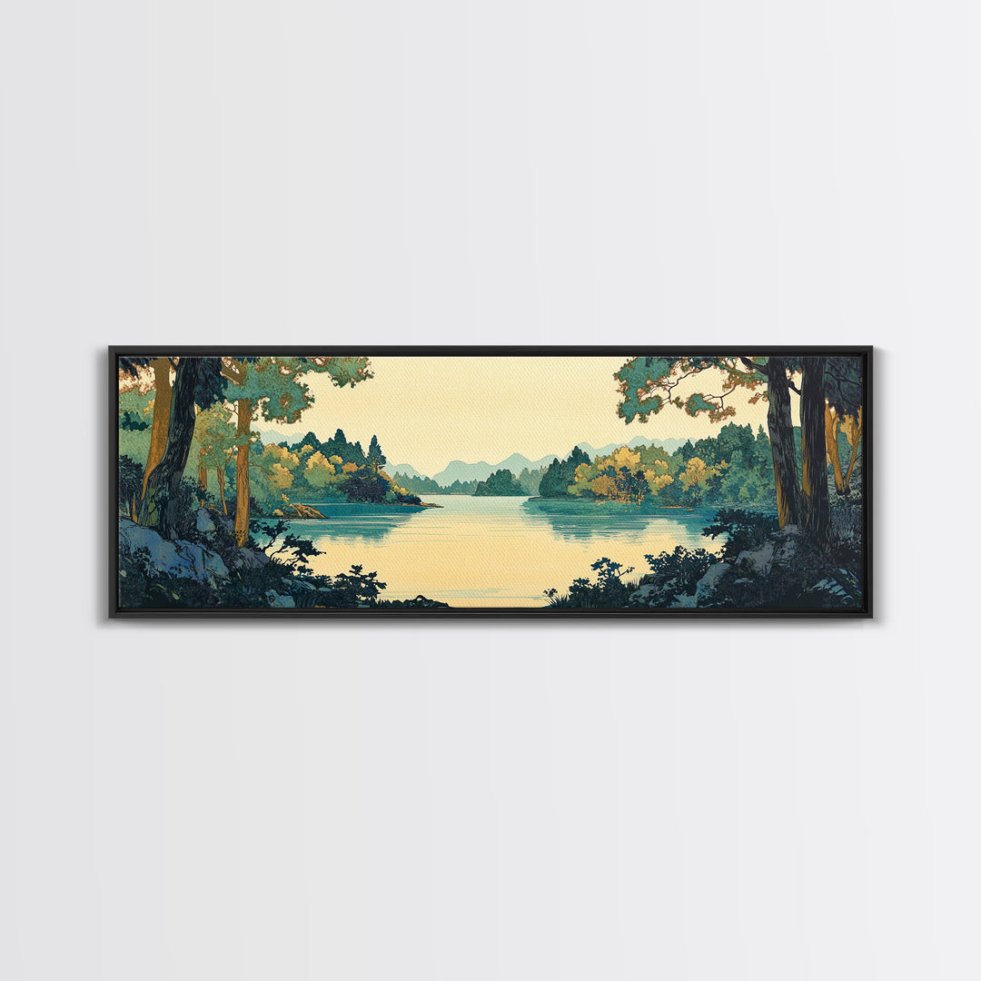 Framed Lake Through Forest Trees Wall Art, Japanese Landscape Print, Scenic Nature Decor, Blue Green Living Room Decor, Home Decor