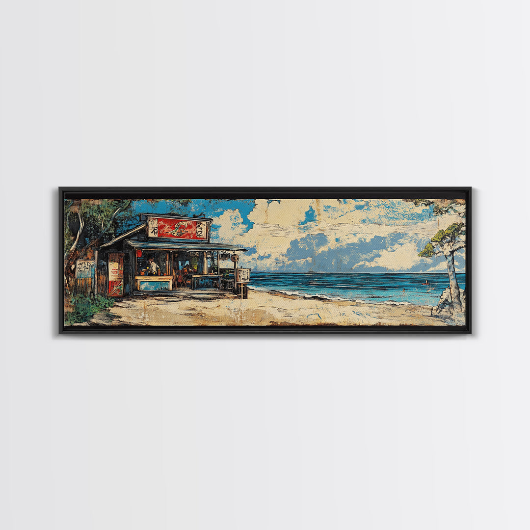 Beachfront Asian Food Shack Wall Art, Tropical Ocean Canvas Print, Coastal Kitchen Decor For Beach House Living Room Decor
