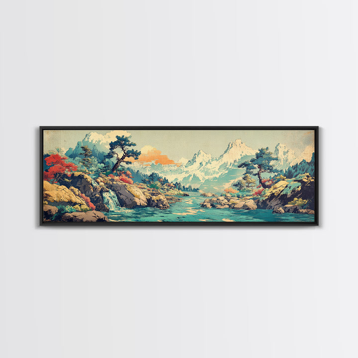Turquoise River Waterfall And Snowy Pines Framed Canvas Print, Japanese Landscape Art, Mountain Wall Decor, Living Room Decor