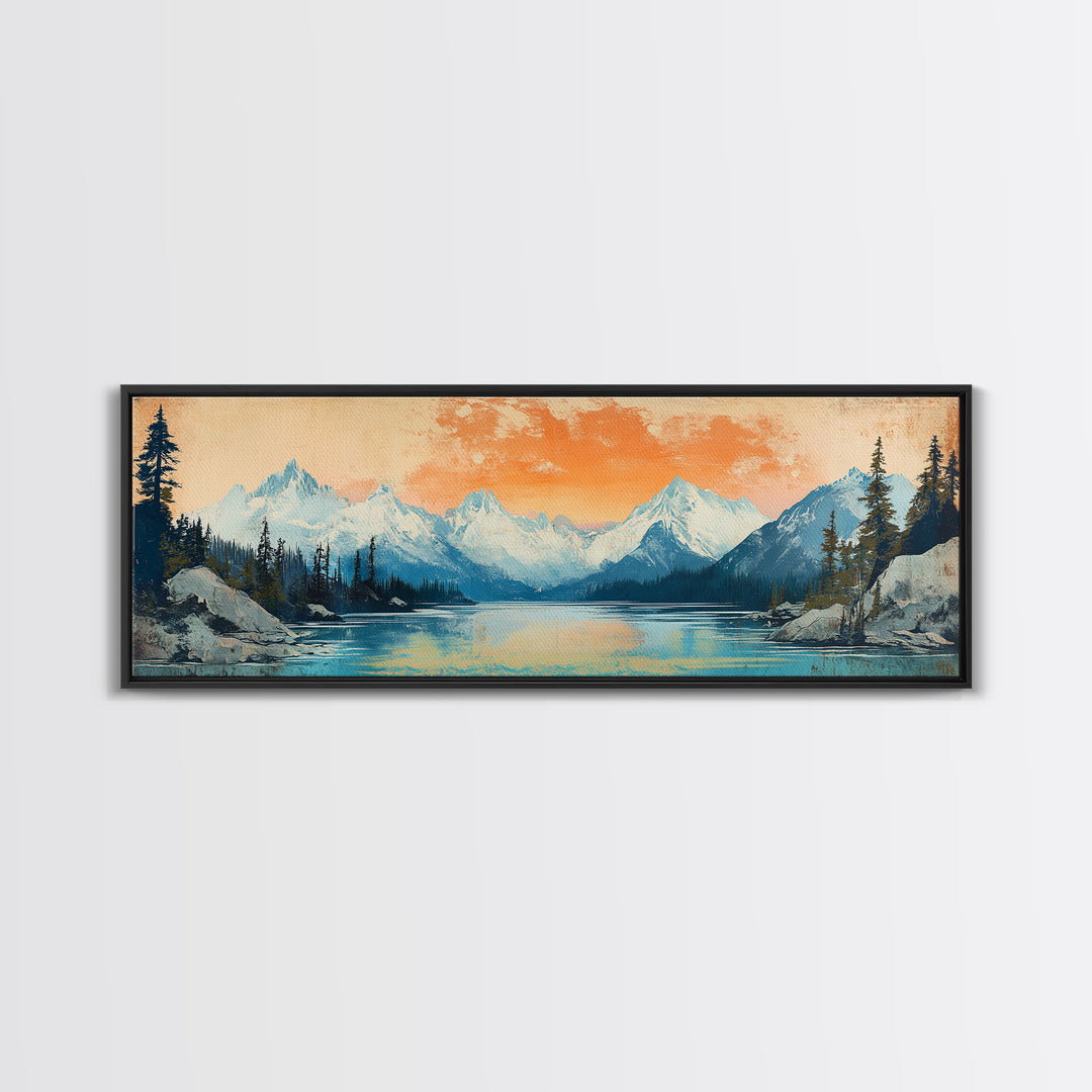 Orange Sunset Alpine Lake Wall Art, Snowy Mountain Landscape Print, Rustic Cabin Decor, Large Horizontal Canvas Home Decor
