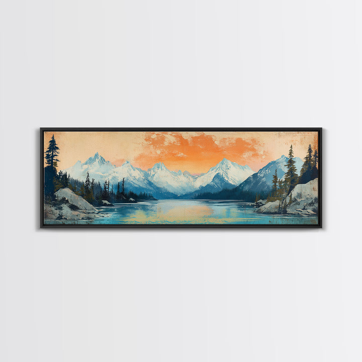 Orange Sunset Alpine Lake Wall Art, Snowy Mountain Landscape Print, Rustic Cabin Decor, Large Horizontal Canvas Home Decor