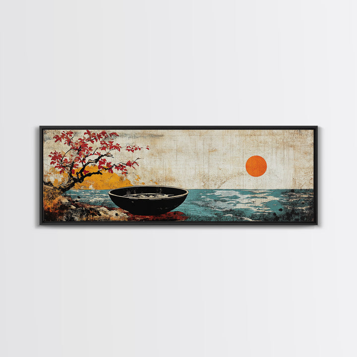 Zen Bowl By Ocean With Red Sun Framed Canvas Print, Japanese Coastal Wall Art, Cherry Blossom Decor, Meditation Room Art