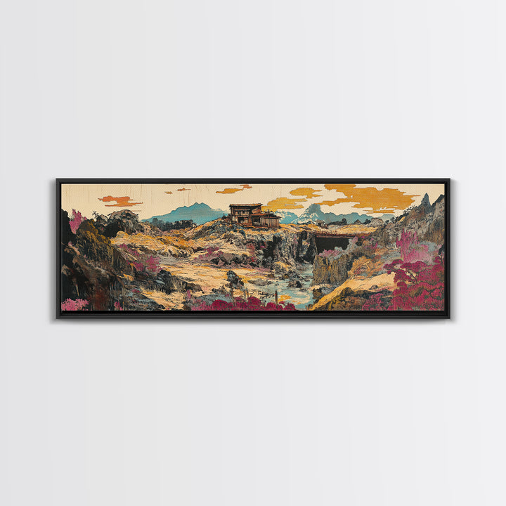 Desert Canyon Cabin And Pink Wildflowers Wall Art, Southwestern Landscape Canvas, Modern Rustic Decor, Earth Tone Home Decor