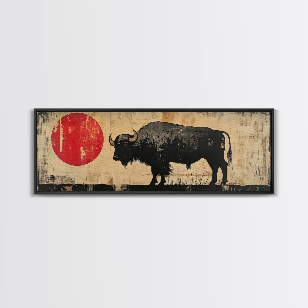 Black Bison Red Sun Framed Canvas Print, Western Wall Art, Rustic Home Decor, Large Horizontal Living Room Art, Gift For Him