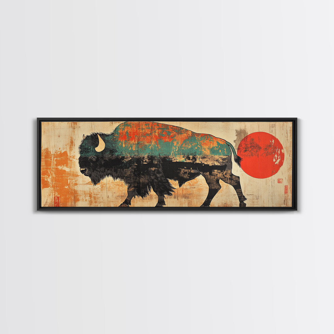 Turquoise Bison Red Sun Canvas Print, Southwestern Wall Art, Western Home Decor, Rustic Statement Living Room Art, Large Wall Decor