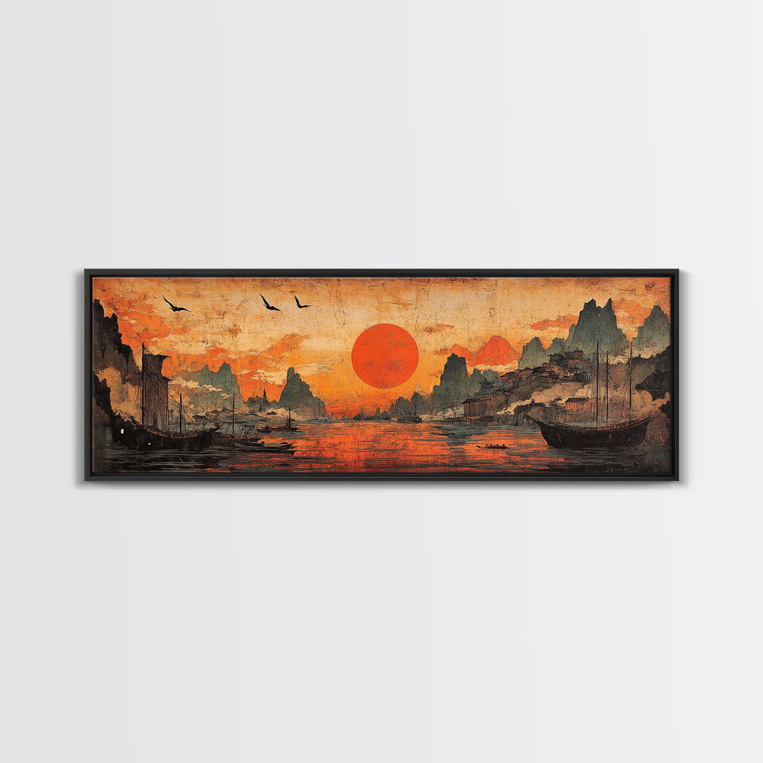 Orange Sunset Harbor Wall Art, Asian Landscape Canvas Print, Coastal Seascape Decor, Panoramic Living Room Art, Above Sofa Art